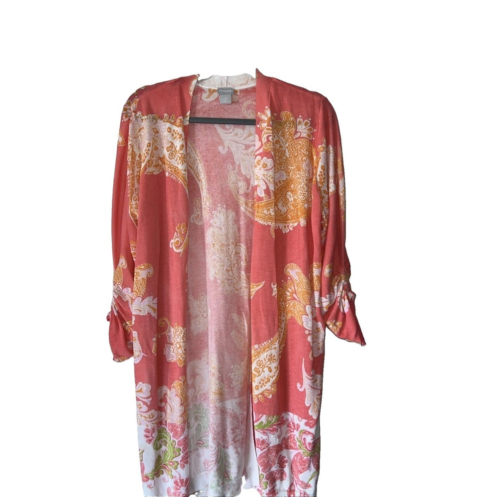 Chicos Size2 Open Cardigan  Large Floral Draped Paisley  Cottage Core
